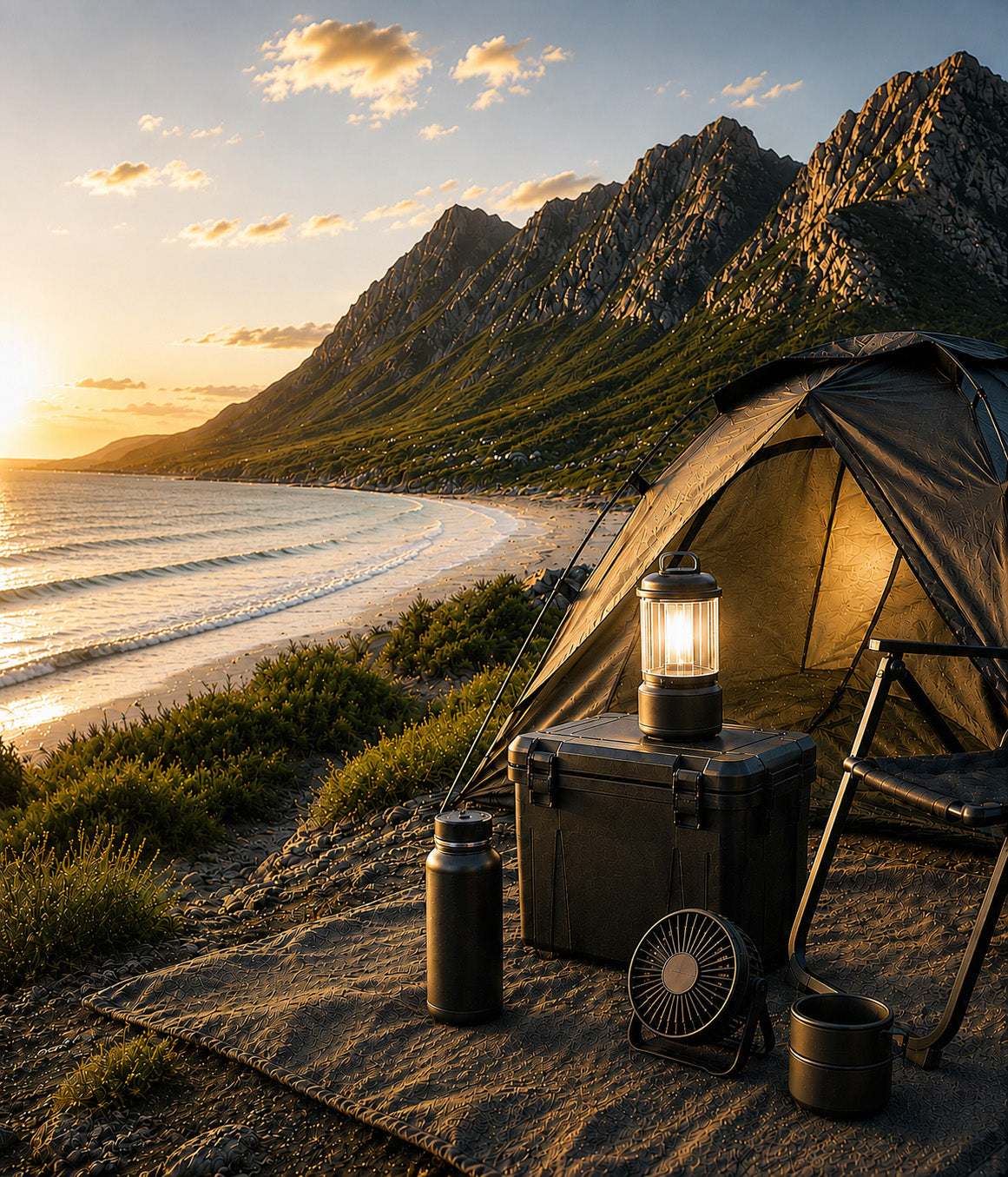 Coastal campsite with outdoor camping essentials at sunset