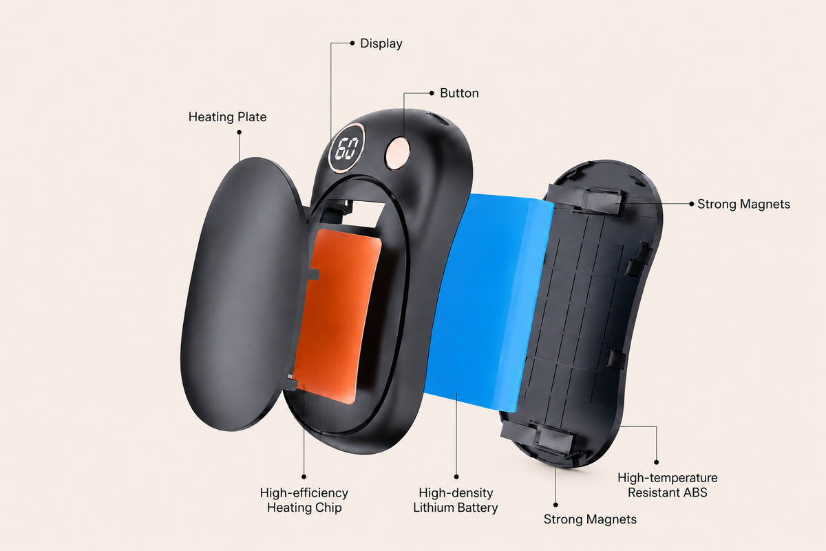 Exploded view of the 2-in-1 Magnetic Hand Warmer showing the heating panel, lithium battery, strong magnets and safety components.