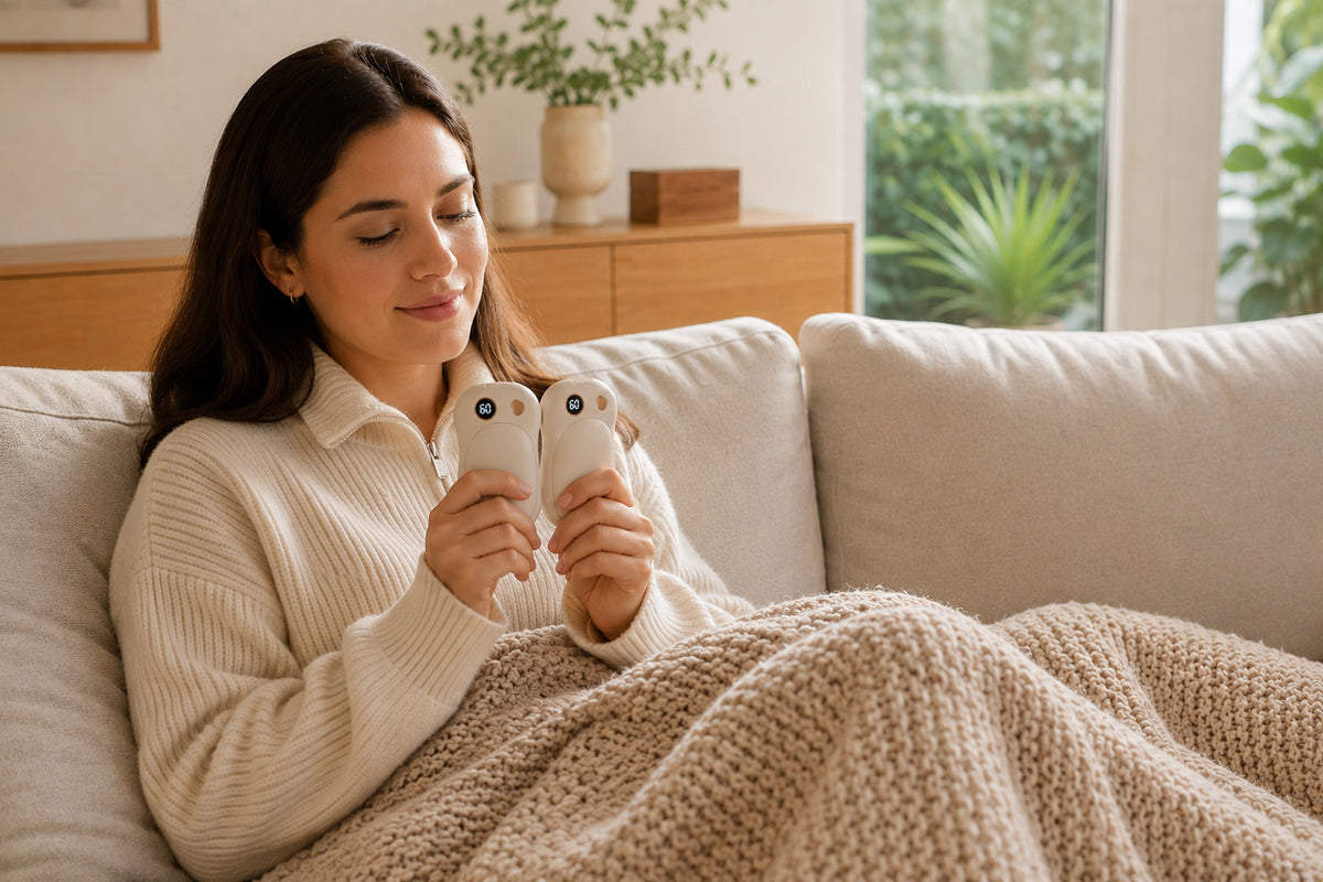 Woman relaxing at home using the 2-in-1 Magnetic Hand Warmer in a cozy living room