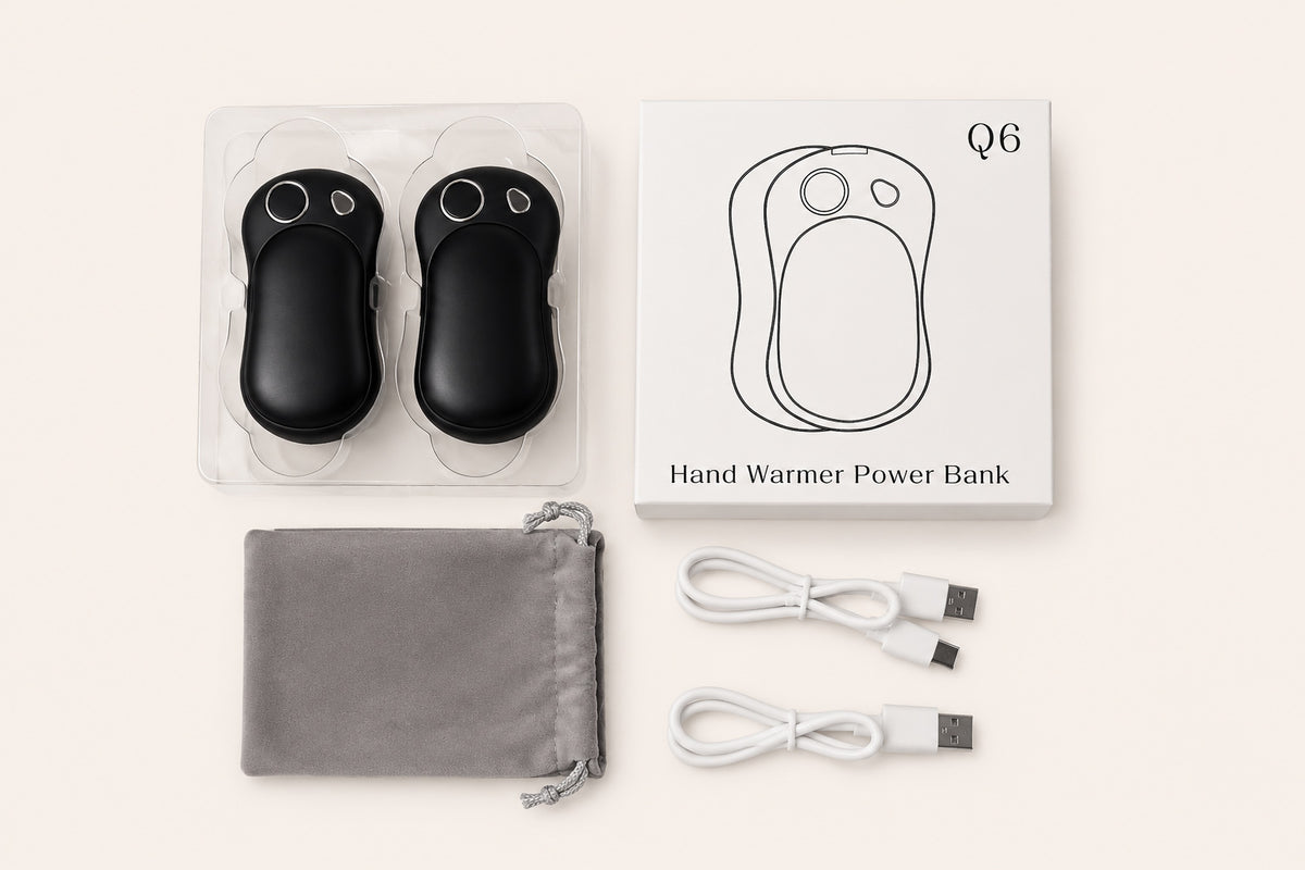Complete package contents of the 2-in-1 Magnetic Hand Warmer including two hand warmers, USB-C cables, storage pouch and gift box.