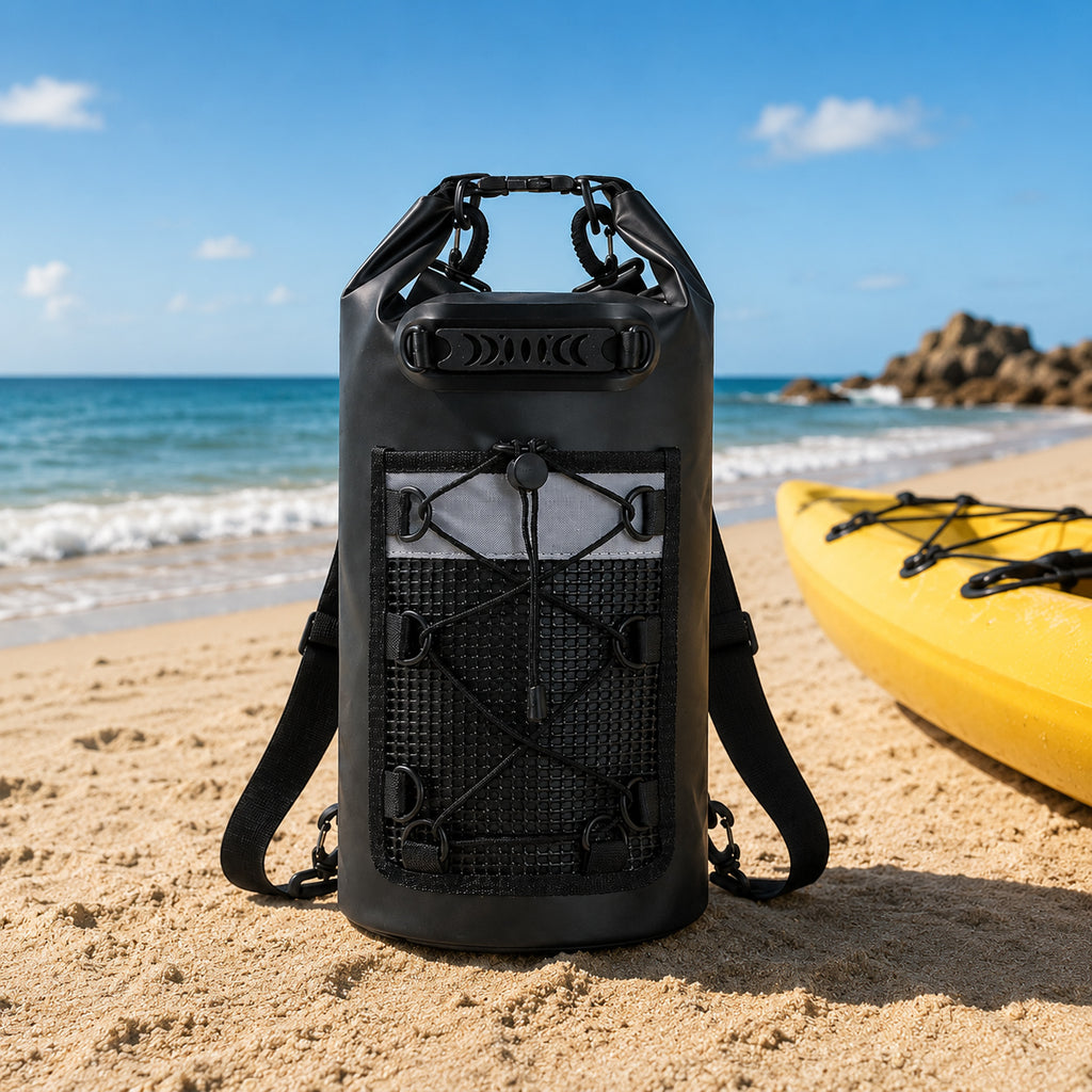 20L Waterproof Dry Bag Backpack on a Beach Near a Kayak