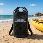 20L Waterproof Dry Bag Backpack on a Beach Near a Kayak