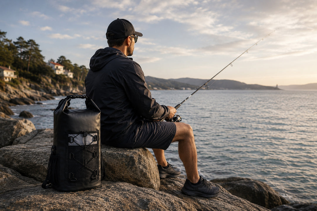 20L Waterproof Dry Bag Backpack Used During a Coastal Fishing Trip