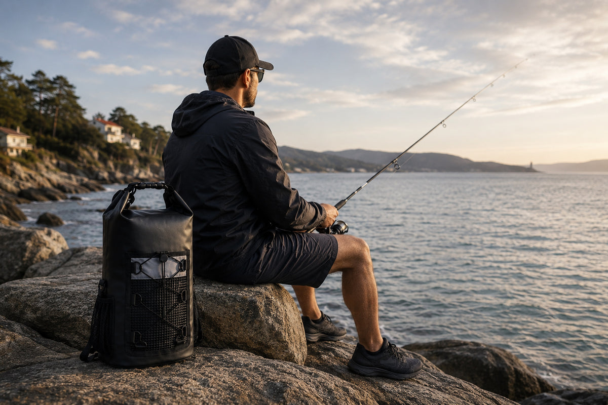 20L Waterproof Dry Bag Backpack Used During a Coastal Fishing Trip