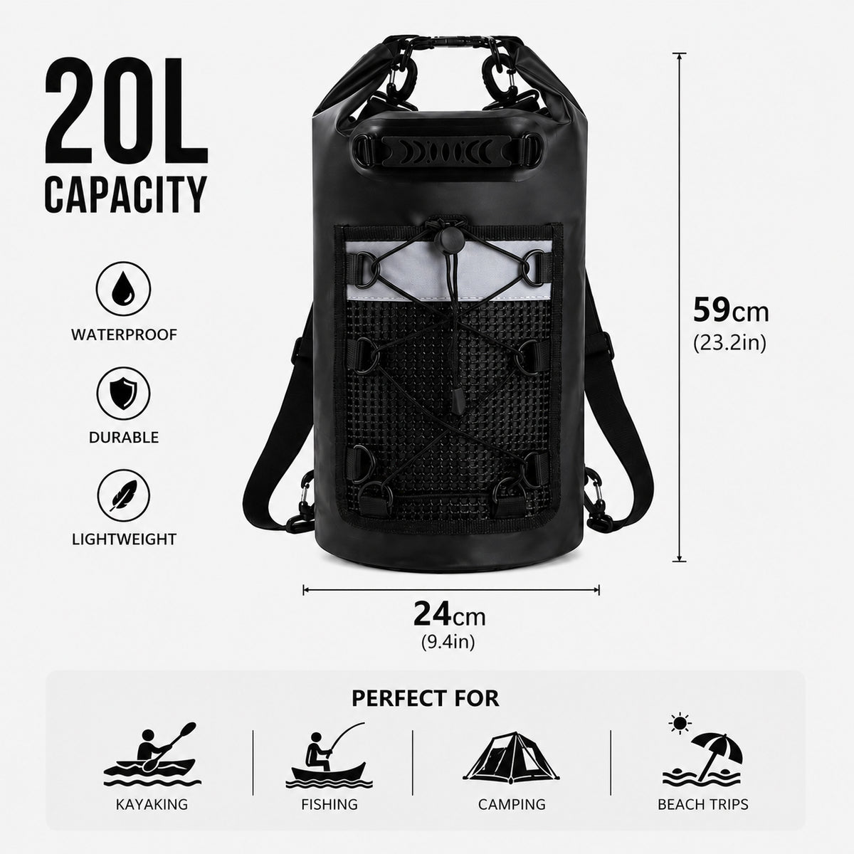 20L Waterproof Dry Bag Backpack Dimensions 24cm x 59cm