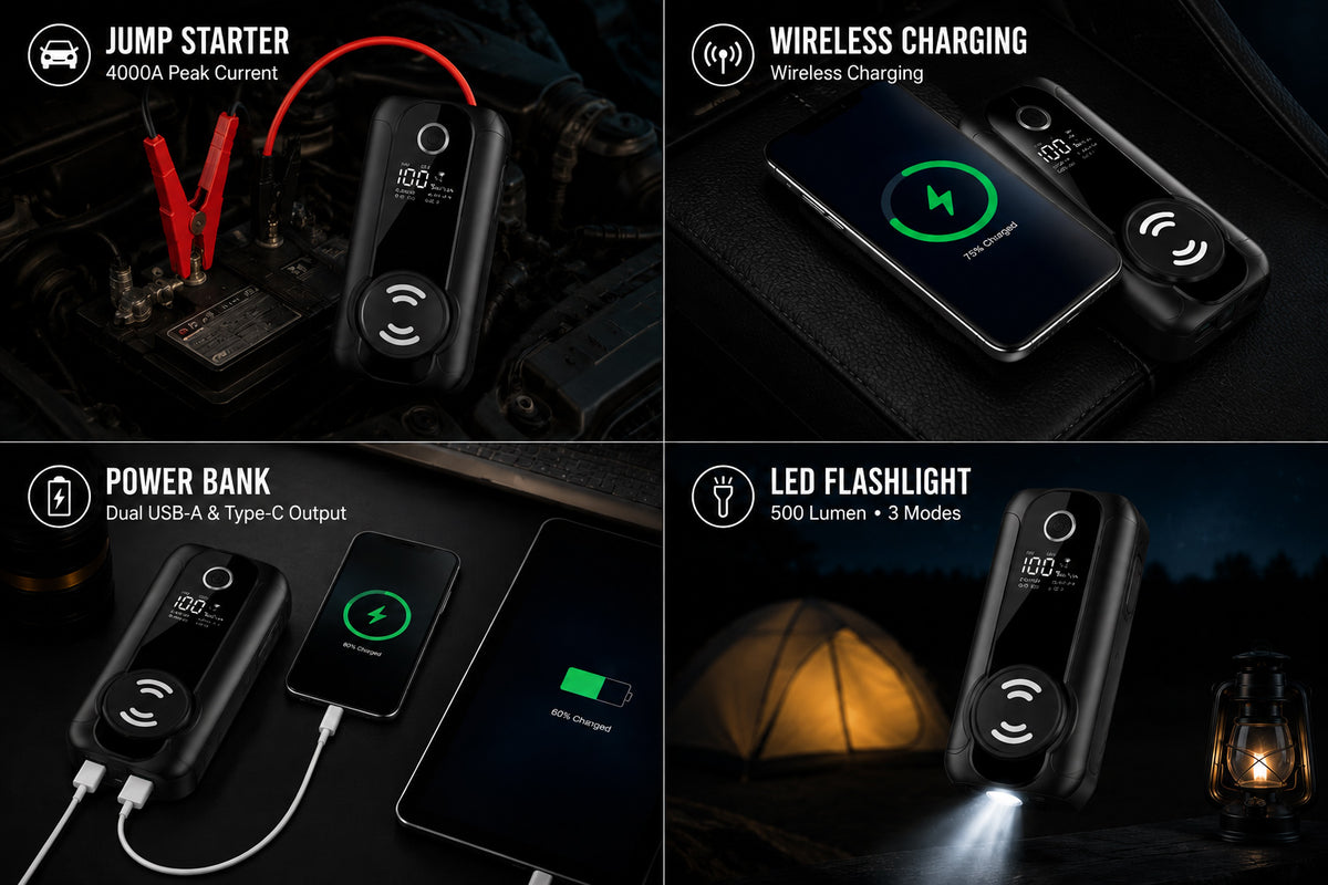 4-in-1 emergency jump starter with wireless charging power bank and LED flashlight