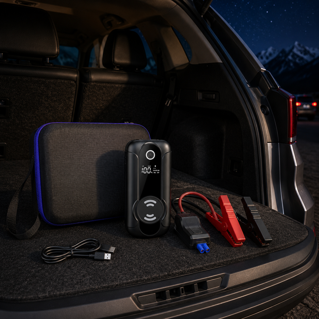 Portable car jump starter emergency kit stored in an SUV trunk with jumper cables and carrying case