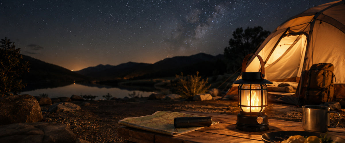 Solar Flame Camping Lantern glowing beside a campfire at an outdoor campsite in Australia