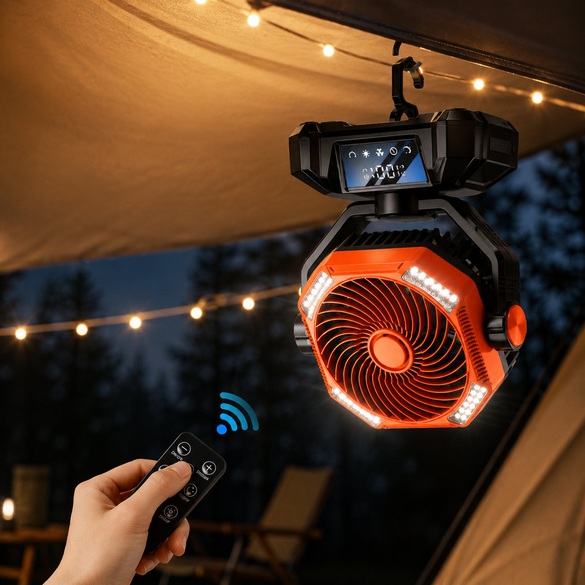 Camping Fan with LED Light & Remote Control