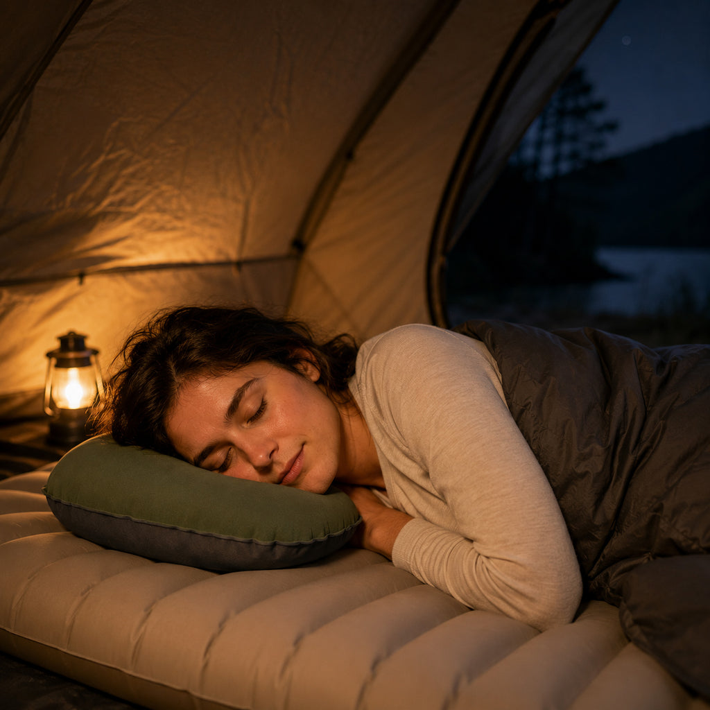 Camper sleeping comfortably on an inflatable camping pillow inside a tent