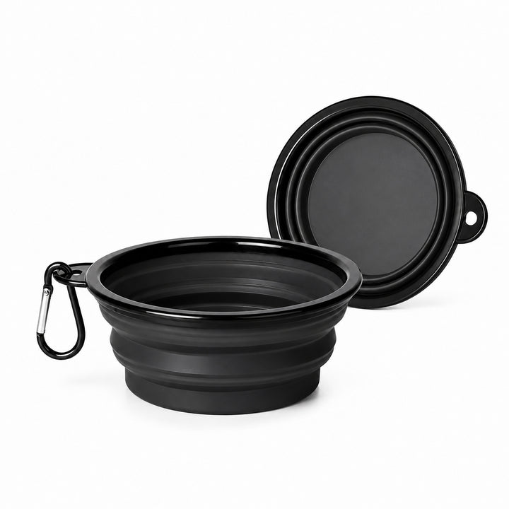 Black collapsible silicone pet travel bowl shown expanded and folded