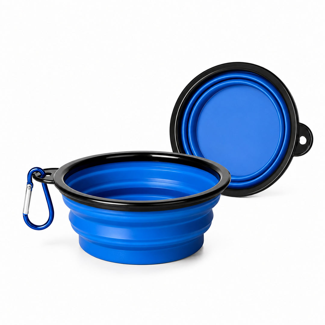 Blue collapsible silicone pet travel bowl shown expanded and folded