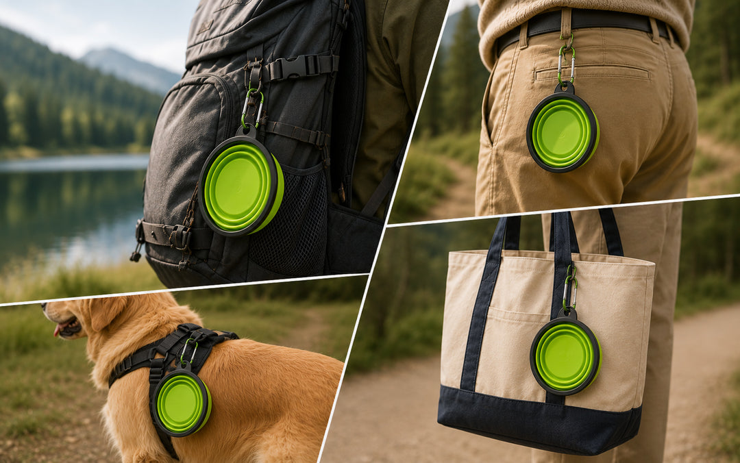 Collapsible Silicone Pet Travel Bowl clipped to a backpack, waist, dog harness and tote bag