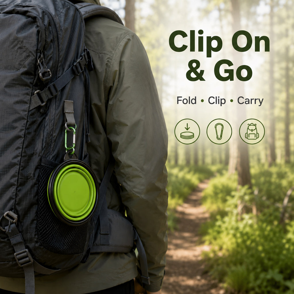 Collapsible Silicone Pet Travel Bowl Clipped to Hiking Backpack for Easy Carry