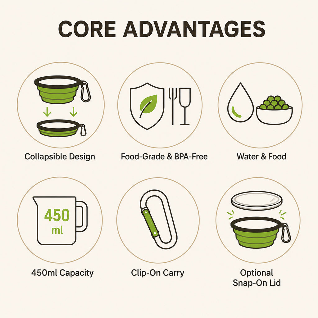 Collapsible Silicone Pet Travel Bowl core advantages including food-grade BPA-free silicone, 450ml capacity and clip-on carry