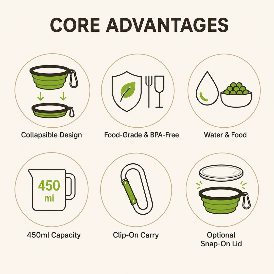 Collapsible Silicone Pet Travel Bowl core advantages including food-grade BPA-free silicone, 450ml capacity and clip-on carry