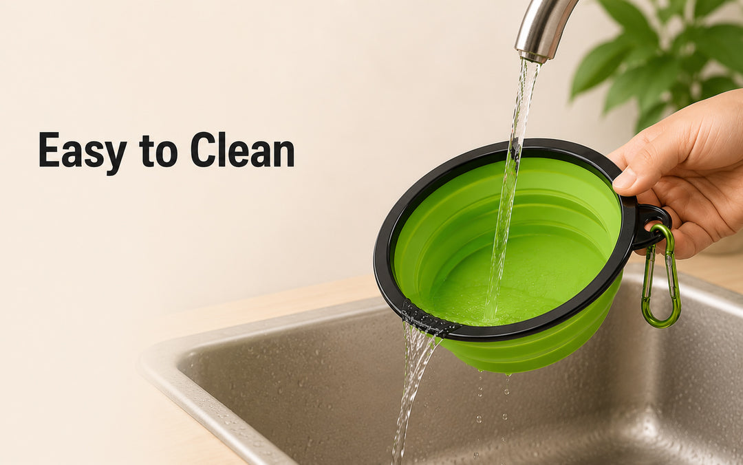 Collapsible Silicone Pet Travel Bowl being rinsed clean under running water