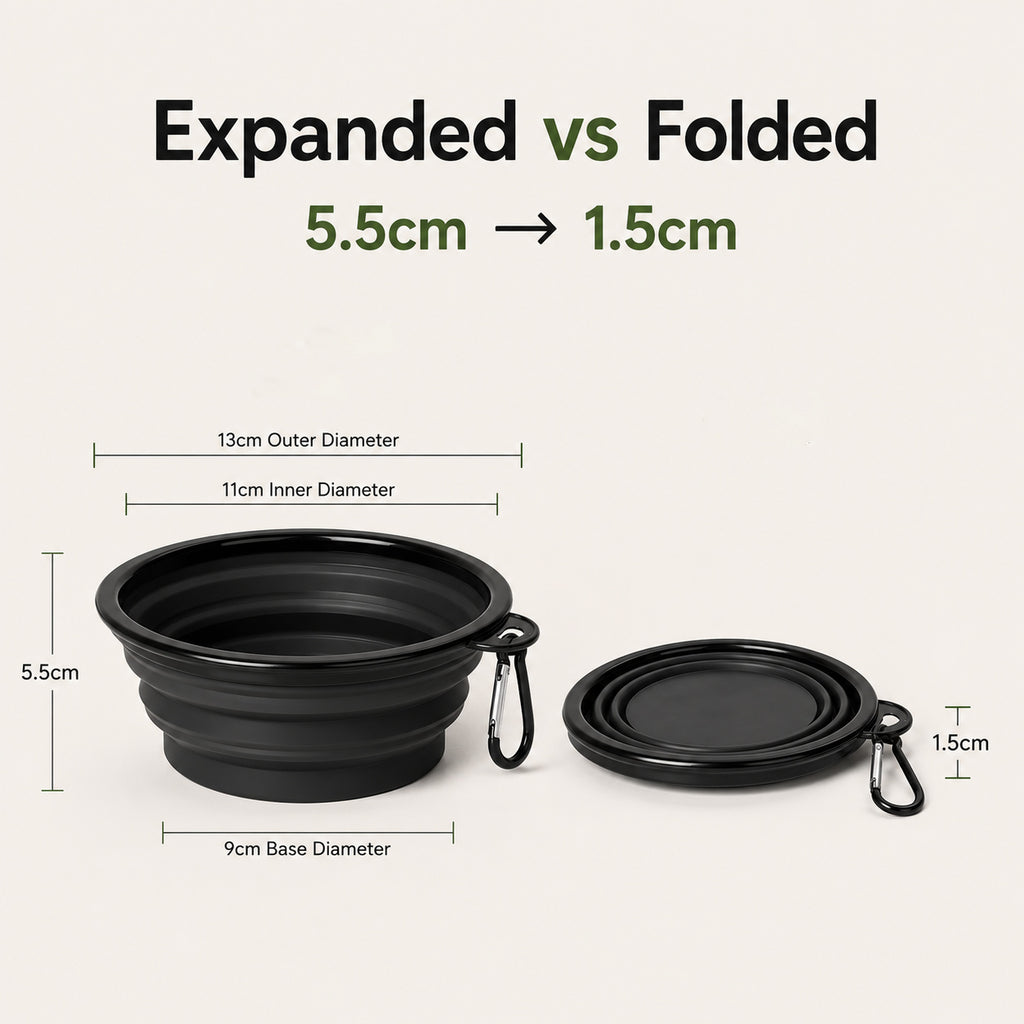 Collapsible Silicone Pet Travel Bowl expanded and folded size comparison