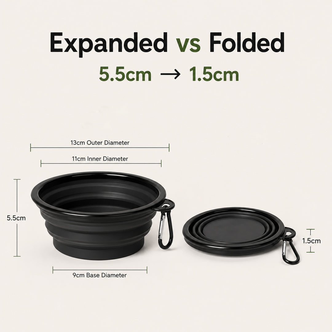 Collapsible Silicone Pet Travel Bowl expanded and folded size comparison
