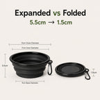 Collapsible Silicone Pet Travel Bowl expanded and folded size comparison