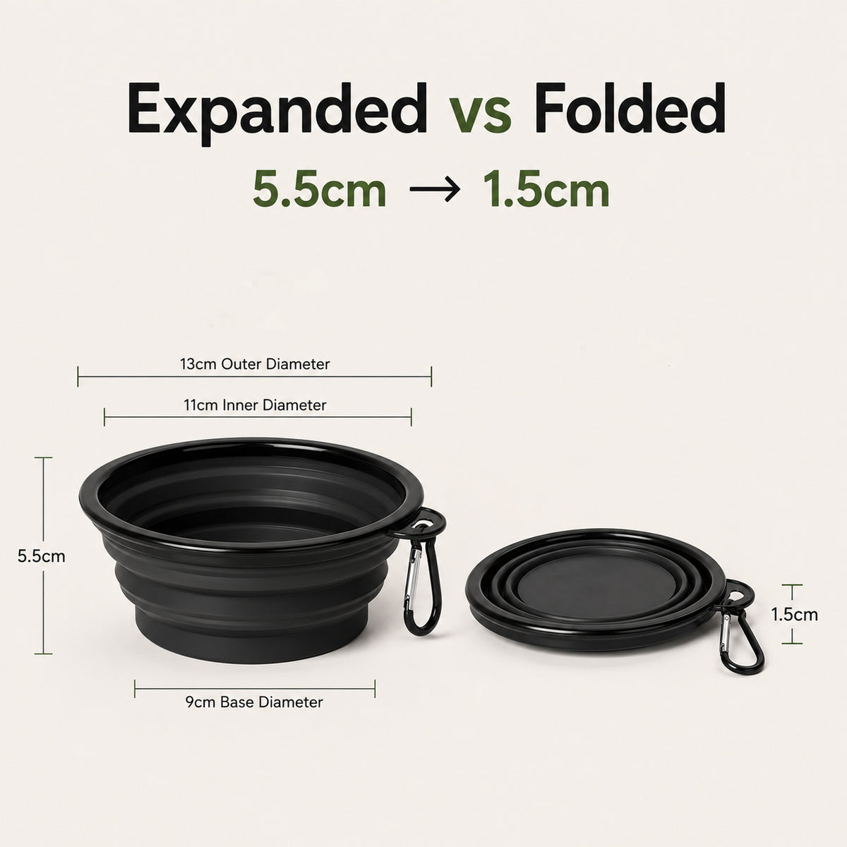 Collapsible Silicone Pet Travel Bowl expanded and folded size comparison
