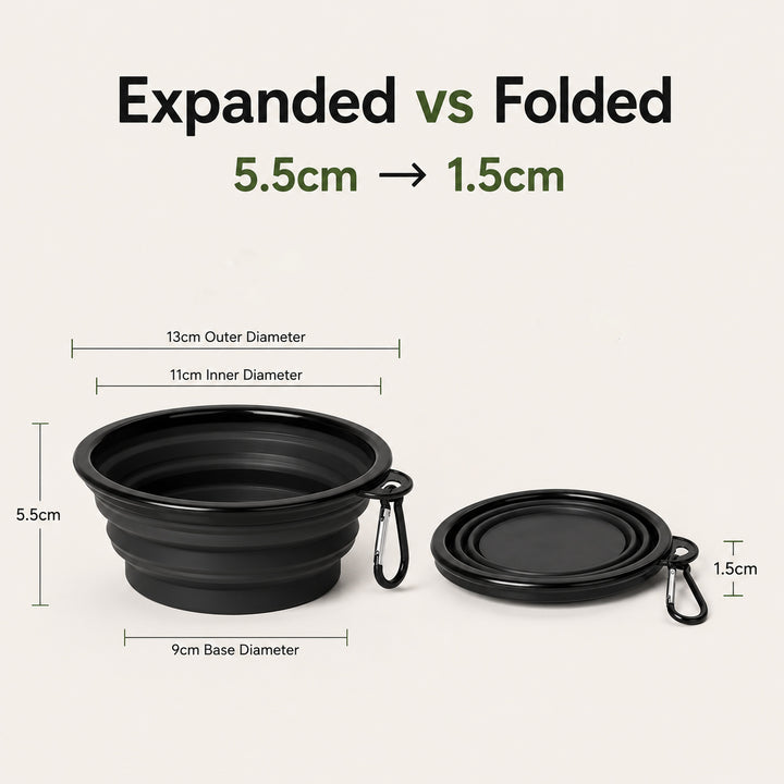 Collapsible Silicone Pet Travel Bowl expanded and folded size comparison