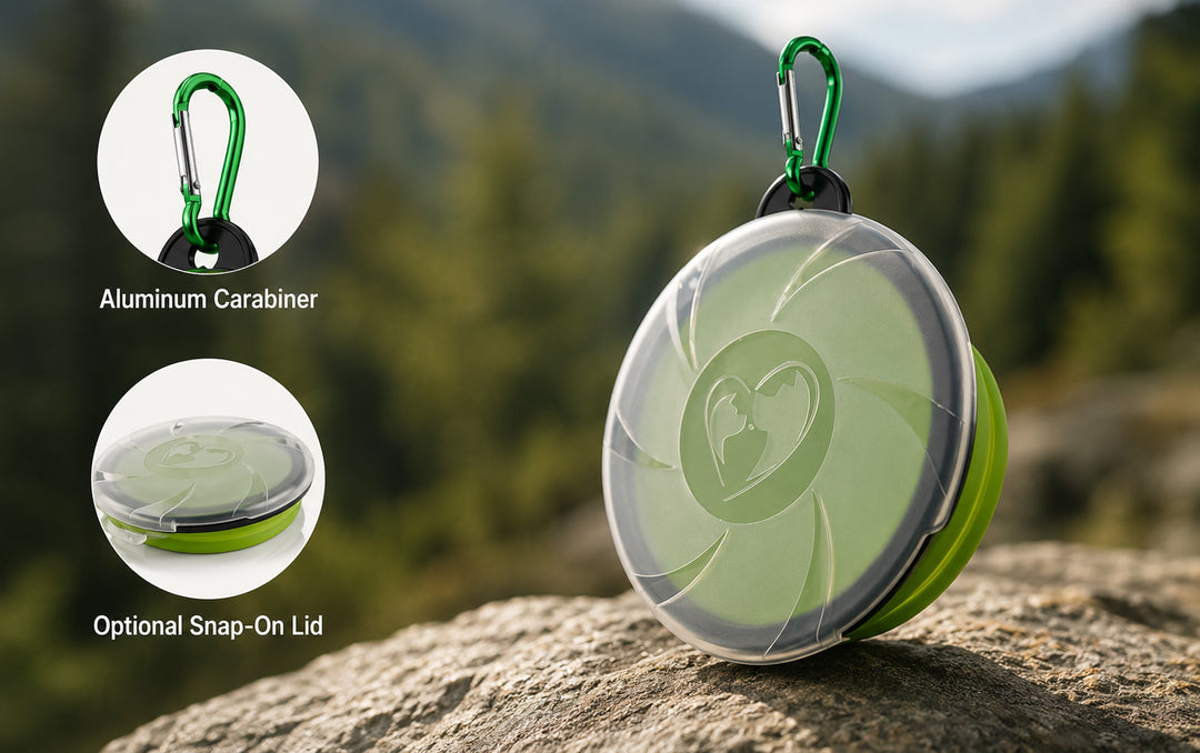 Collapsible Silicone Pet Travel Bowl with optional snap-on lid and aluminum carabiner