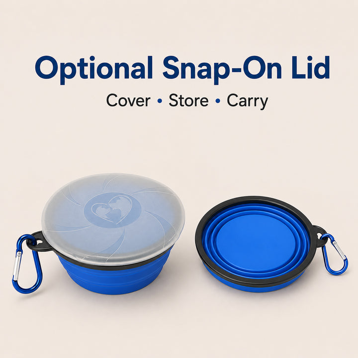 Blue Collapsible Silicone Pet Travel Bowl with Optional Snap-On Lid