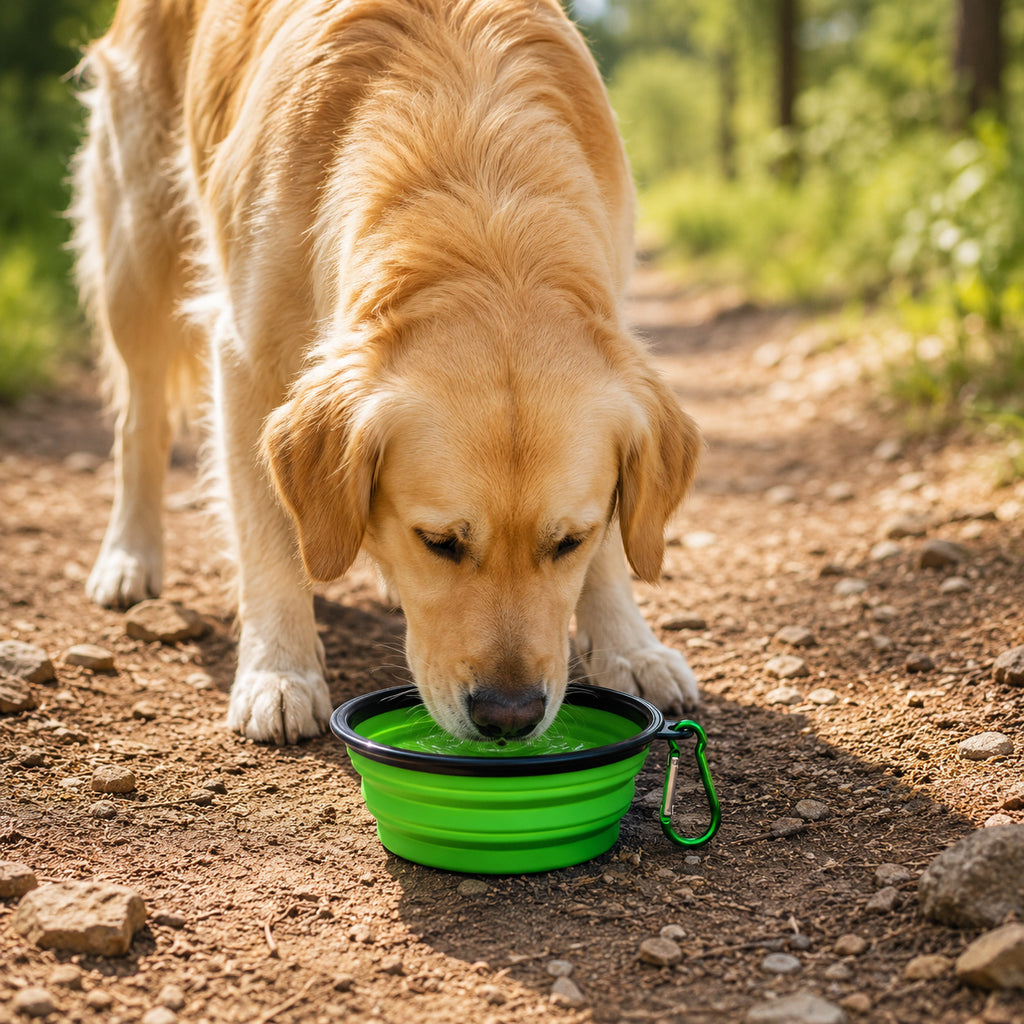 Dog Drinking from a Green Collapsible Silicone Pet Travel Bowl Outdoors
