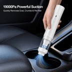 Cordless car vacuum cleaner removing dust from a vehicle interior