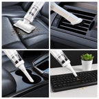 Cordless car vacuum cleaner cleaning car seats, air vents, cup holders and keyboards with multiple attachments.