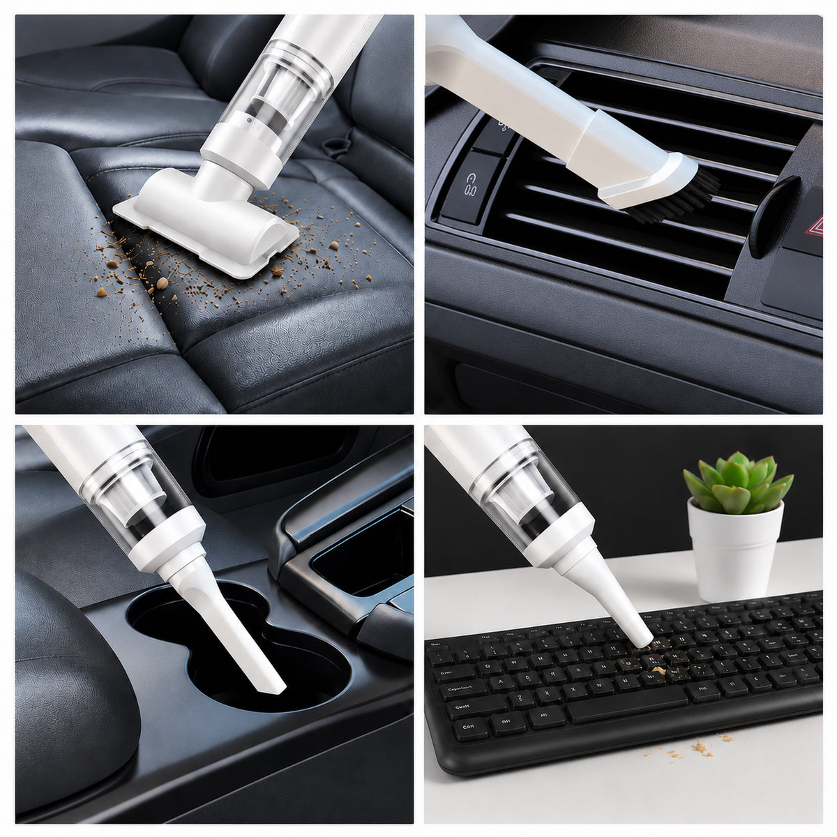 Cordless car vacuum cleaner cleaning car seats, air vents, cup holders and keyboards with multiple attachments.