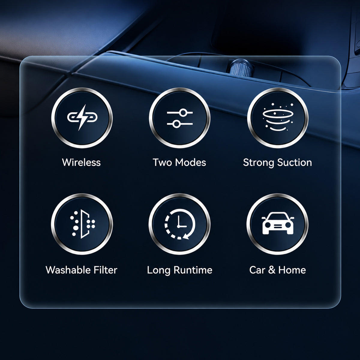 Key features of the cordless car vacuum including cordless design, two suction modes, washable filter, long runtime, and car & home use