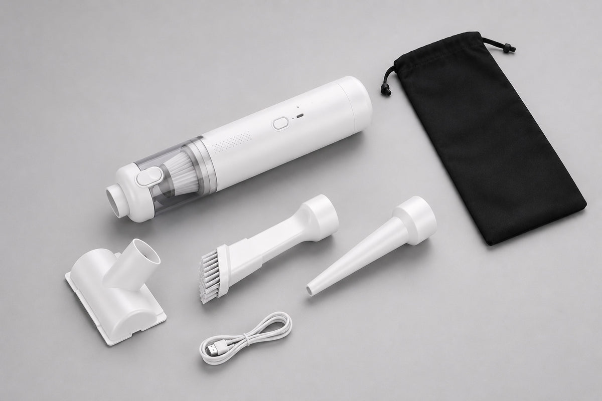 Package contents of the cordless car vacuum including accessories and storage bag