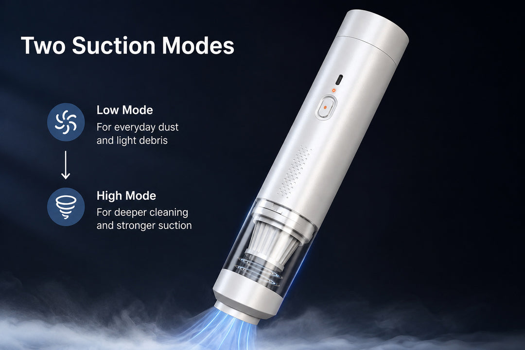 Two suction modes with one-button control for the cordless car vacuum