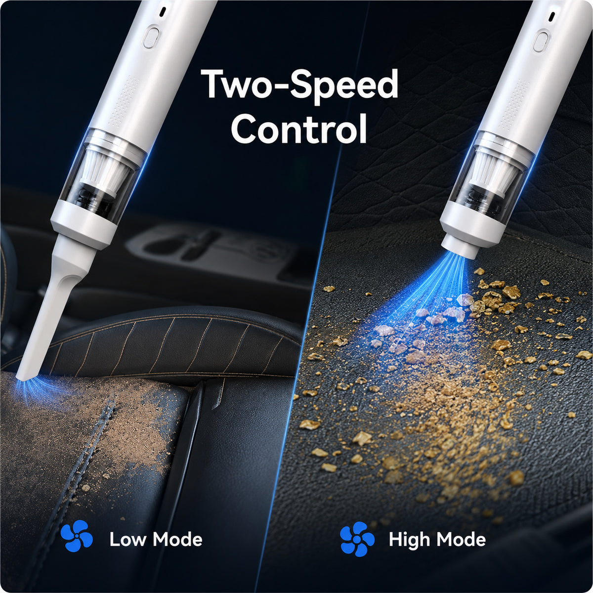 Cordless handheld vacuum with two-speed control for fine dust and large debris cleaning