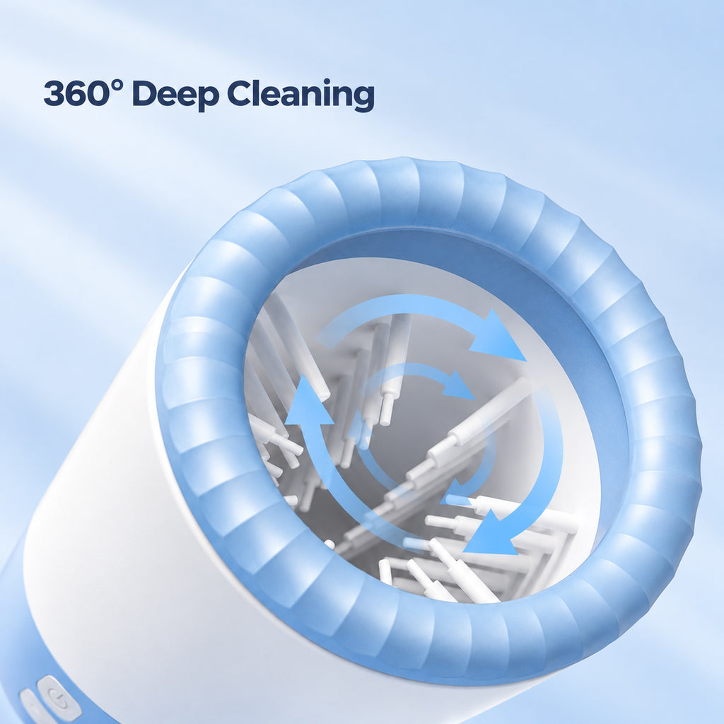 Close-up of a blue and white electric dog paw cleaner showing the silicone rim, internal cleaning brushes and rotation arrows.