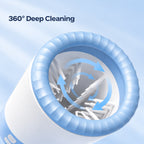 Close-up of a blue and white electric dog paw cleaner showing the silicone rim, internal cleaning brushes and rotation arrows.