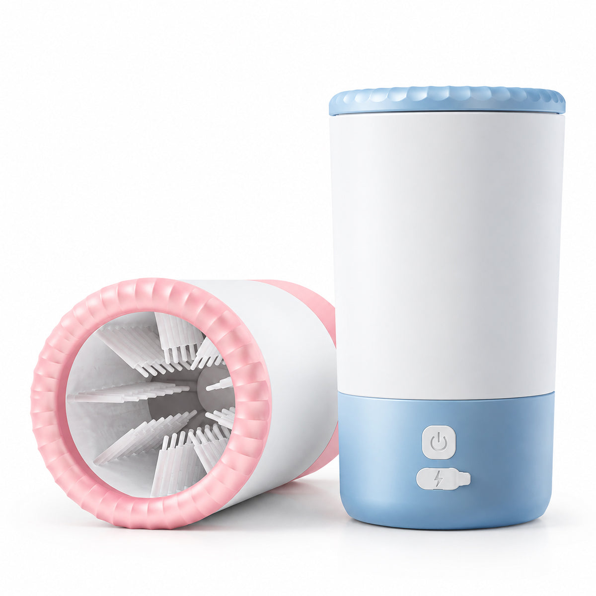 Blue and pink electric dog paw cleaners, with one standing upright and the other showing its internal cleaning bristles.