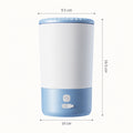 Blue and white electric dog paw cleaner showing 9.5 cm top diameter, 10 cm base diameter and 16.5 cm height.