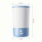 Blue and white electric dog paw cleaner showing 9.5 cm top diameter, 10 cm base diameter and 16.5 cm height.