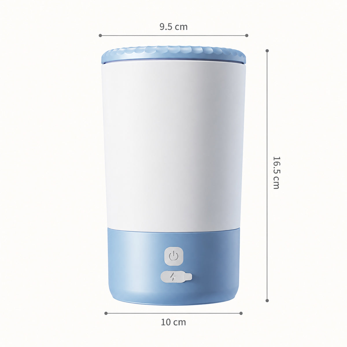 Blue and white electric dog paw cleaner showing 9.5 cm top diameter, 10 cm base diameter and 16.5 cm height.