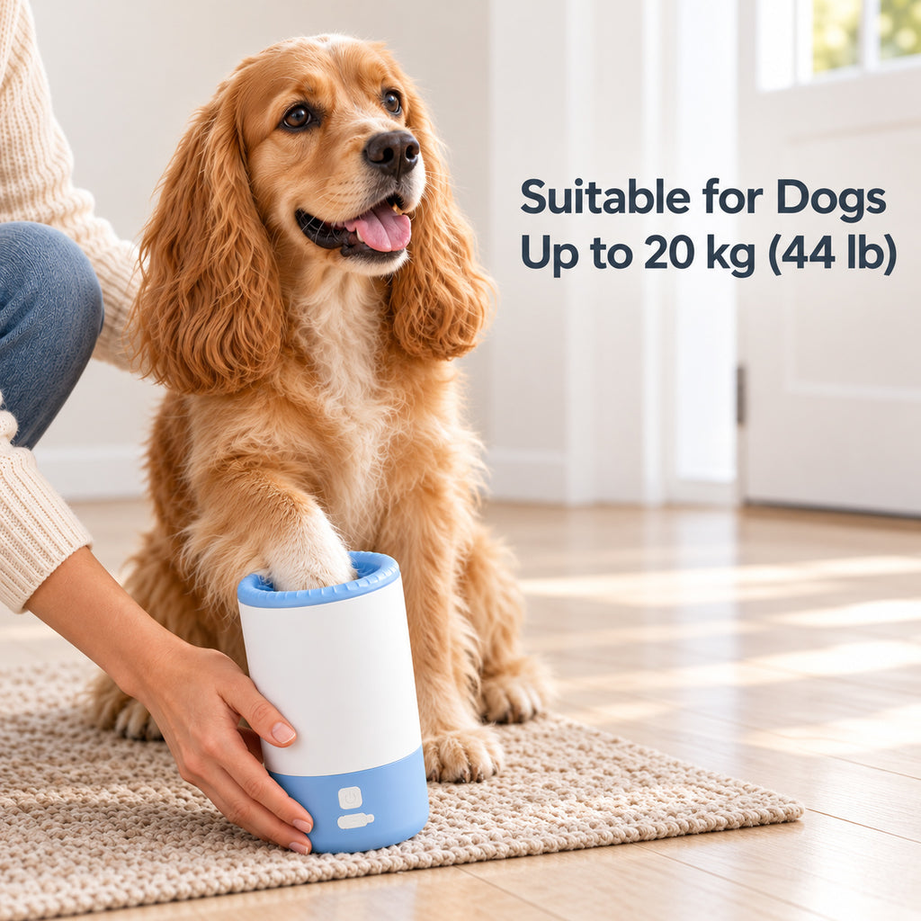 Blue and white electric dog paw cleaner used on a dog's paw, with a suitability guide for dogs up to 20 kg (44 lb).