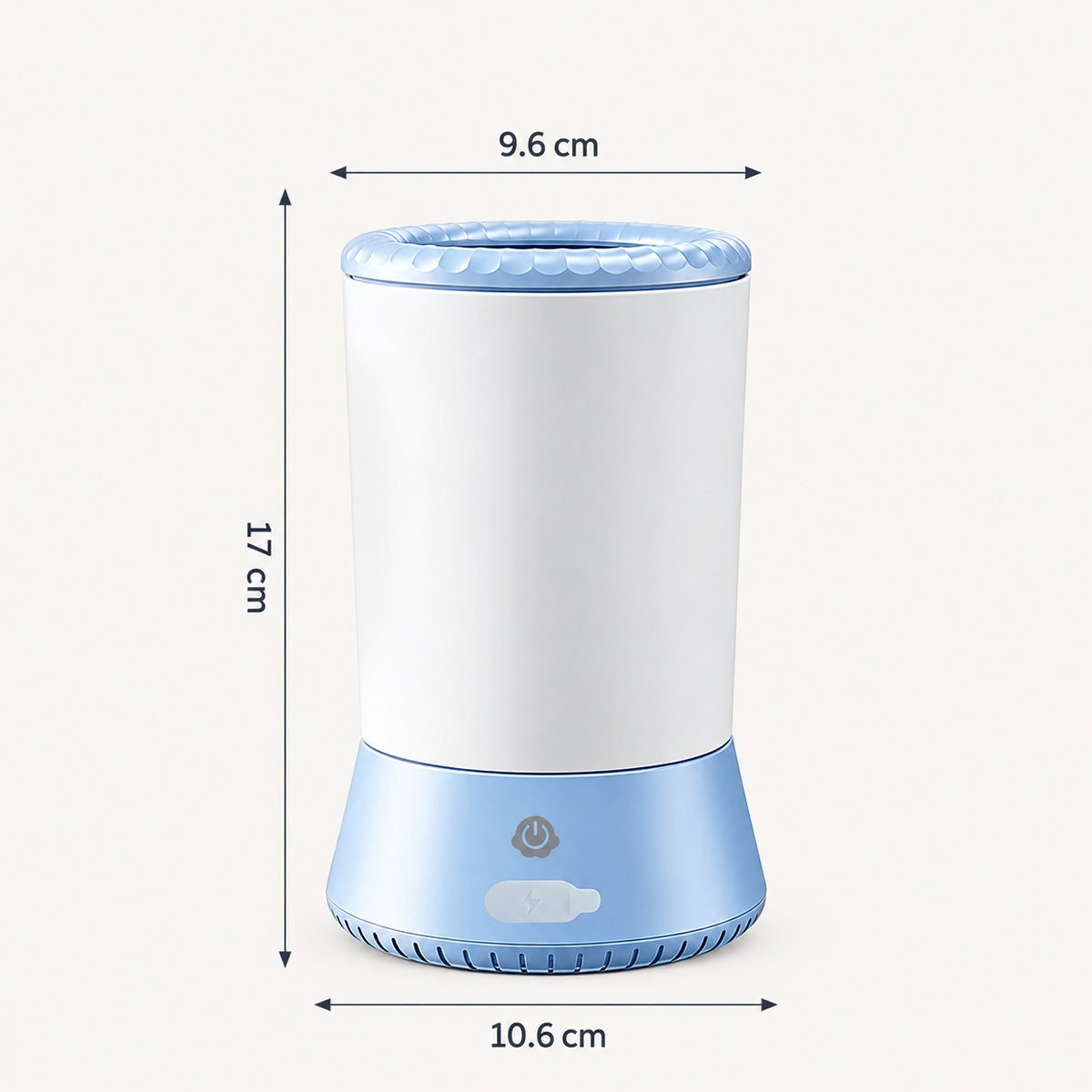 Blue and white electric dog paw cleaner with touch control, showing 9.6 cm top diameter, 17 cm height and 10.6 cm base diameter.