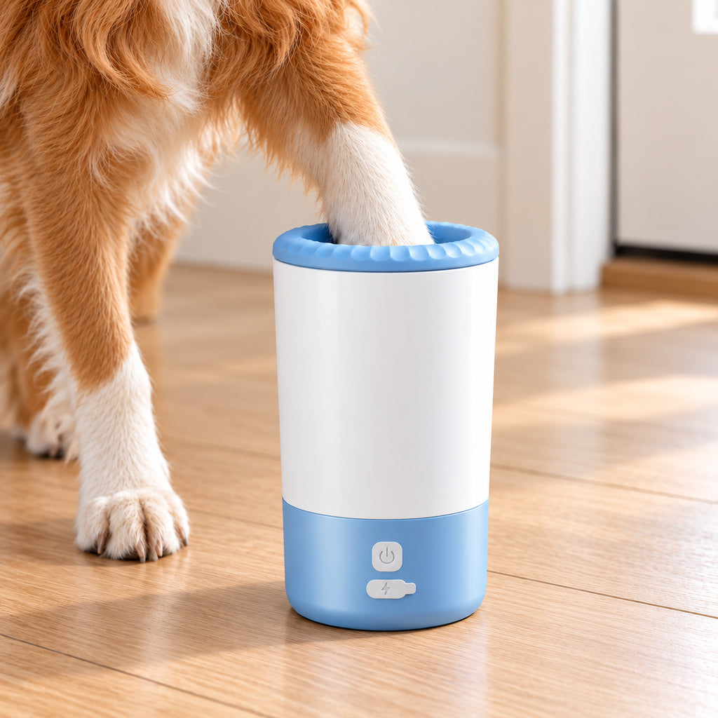 Blue and white electric dog paw cleaner with a dog's front paw inside the cup on a wooden floor.