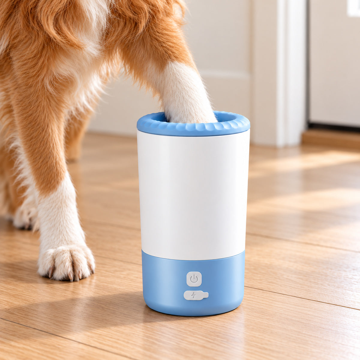 Blue and white electric dog paw cleaner with a dog's front paw inside the cup on a wooden floor.