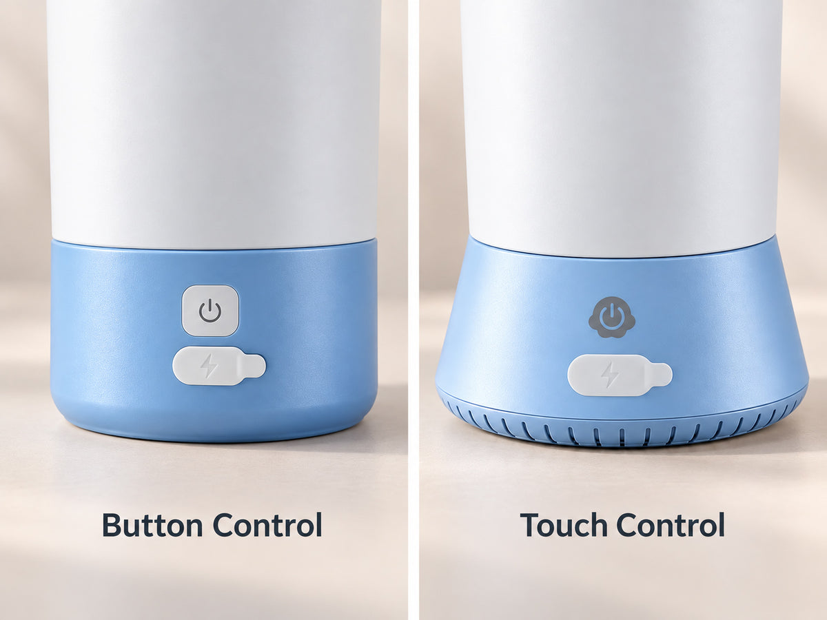 Electric Dog Paw Cleaner comparison showing the button control and touch control versions with their different power controls and blue bases.