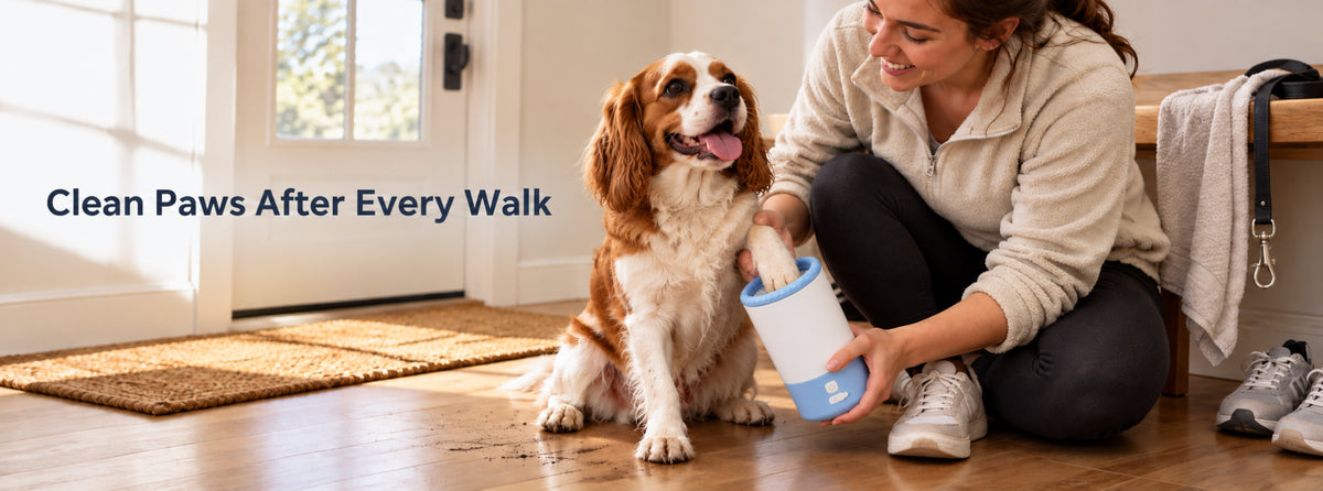Electric dog paw cleaner in blue and white being used to clean a dog's paw after a walk in a home entryway.