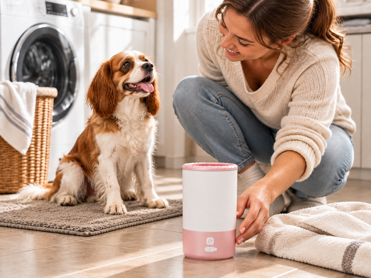Pink and white electric dog paw cleaner in a home laundry room, with a dog sitting nearby and its owner reaching for the cleaner.