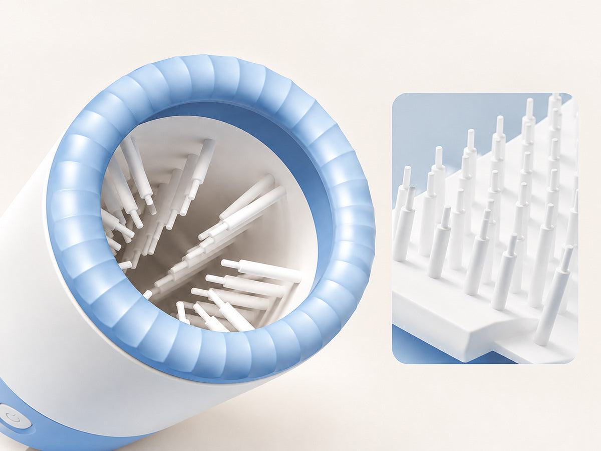 Electric Dog Paw Cleaner showing soft cleaning touchpoints inside the cup and a close-up of the bristles.